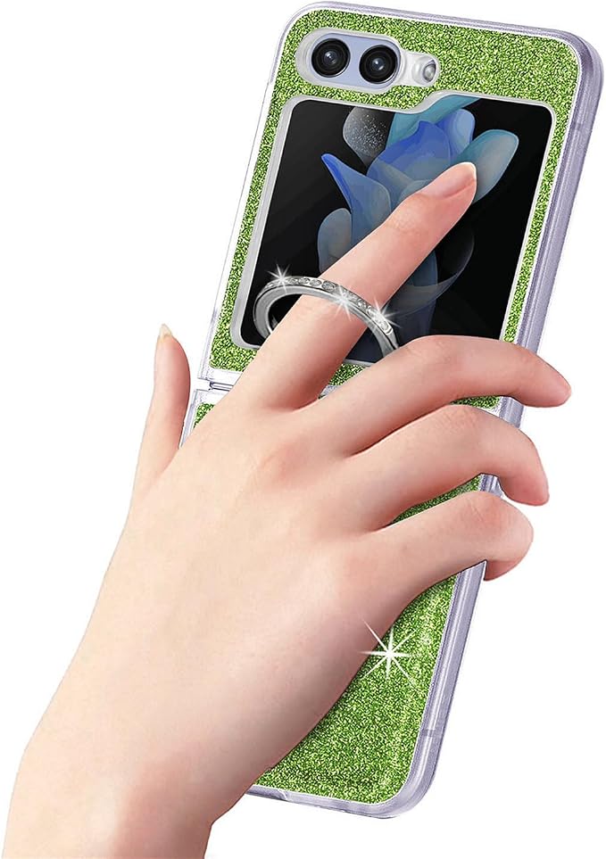 Bling Glitter Case for Samsung Galaxy Z Flip 6 with Ring Holder,Women Girls Cute Phone Case Non Slip Ultra Slim TPU Bumper Shockproof Protective Case for Galaxy Z Flip 6 5G 2024,Green