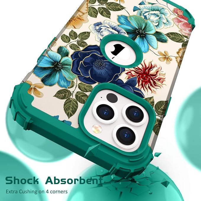 Hocase for iPhone 13 Pro Case, Heavy Duty Shockproof Protection Soft Silicone Rubber+Hard Plastic Bumpers Hybrid Protective Case for iPhone 13 Pro 6.1" 2021 - Teal Flowers