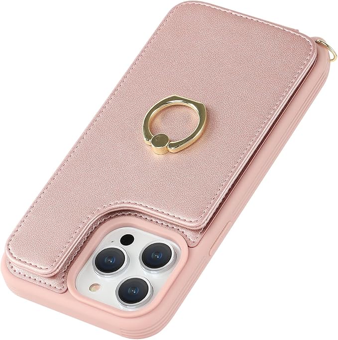 Lipvina for iPhone 13 Pro Case with Card Holder and Strap for Women,Crossbody Lanyard,RFID Blocking,Kickstand Ring Stand,Snap Clasp,Phone Wallet Cases 6.1 inch(Rose Gold)