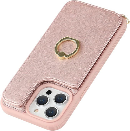 Lipvina for iPhone 13 Pro Case with Card Holder and Strap for Women,Crossbody Lanyard,RFID Blocking,Kickstand Ring Stand,Snap Clasp,Phone Wallet Cases 6.1 inch(Rose Gold)