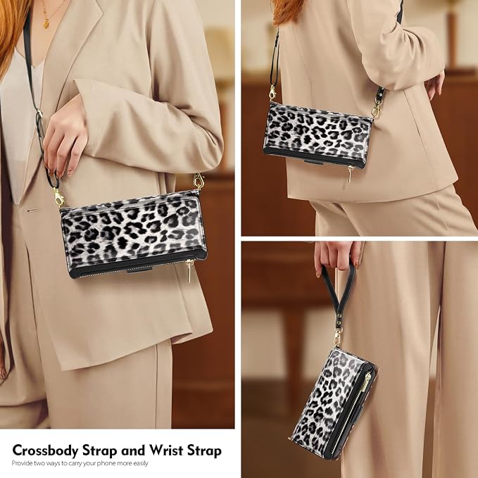 Antsturdy Compatible with iPhone 15 Wallet Case for Women【RFID Blocking】 Crossbody Phone Case PU Leather Zipper Wrist Strap Flip Cover Credit Card Holder Slots,for Apple 15 6.1",Leopard-White/Black