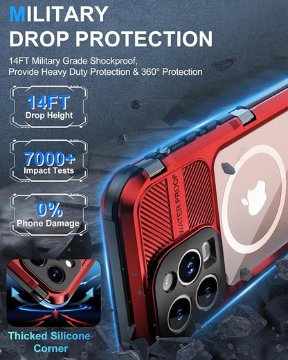 WIFORT for iPhone 13 Pro Waterproof Case - Metal 360 Full Body [IP68 Water Proof][Built-in Screen Protector][14FT Military Shockproof][Compatible with MagSafe] Dustproof Protective Cover, 6.1" Red