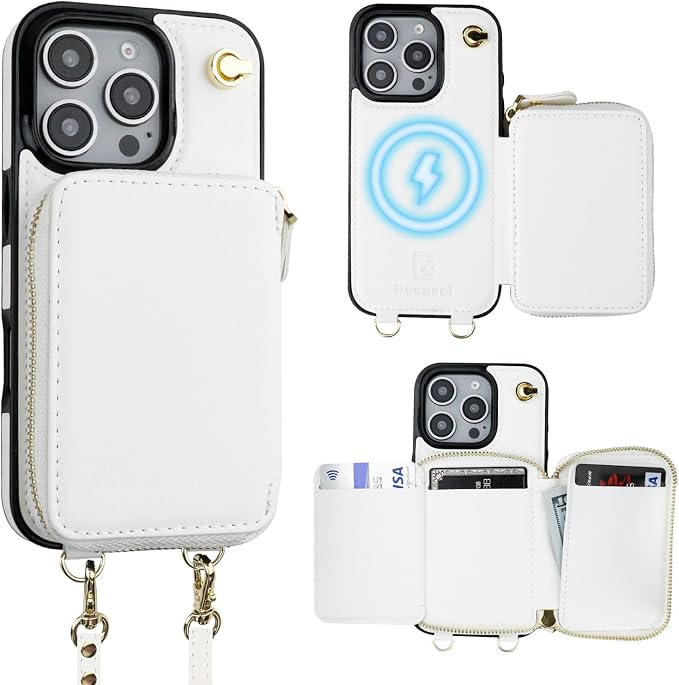Bocasal for MagSafe Crossbody Wallet Case Compatible with iPhone 16 Pro, RFID Blocking Protective Purse Case with Card Slots Holder Kickstand Wrist Strap Lanyard Zipper 6.3 Inch 5G (White)