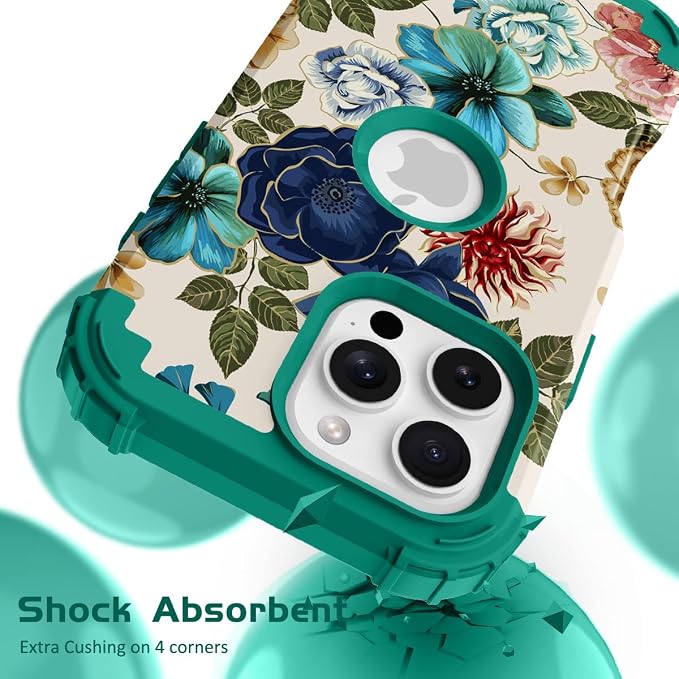Hocase for iPhone 16 Pro Case 6.3", Heavy Duty Shockproof Protection Soft Silicone Rubber+Hard Plastic Bumpers Hybrid Protective Case for iPhone 16 Pro 2024 - Teal Flowers