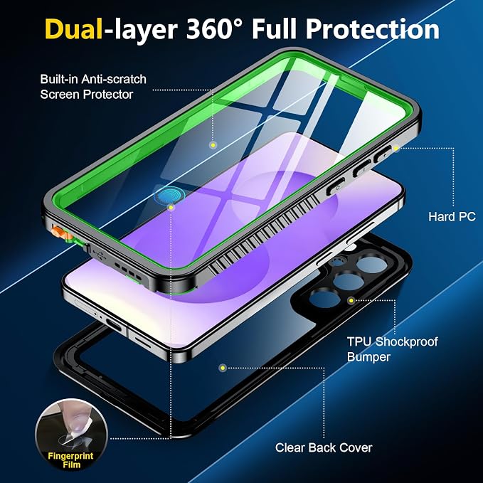 SPIDERCASE Upgraded for Samsung Galaxy S25 Case Waterproof,Built-in Screen & Camera Lens Protector[IP68 Underwater] [Military Grade Shockproof] Full Body Protection Phone Case,Green/Clear