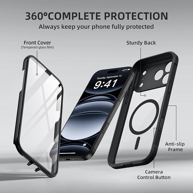 BERFY for iPhone 17 Pro Case, Compatible with MagSafe, Built-in Glass Screen Protector, Camera Protection, Shockproof Full Body Phone case 6.3", Clear Black
