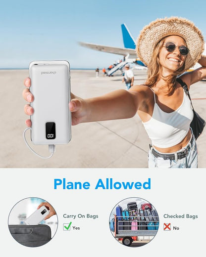 charmast Portable Charger with Built-in Cables and Plug, 10000mAh USB C Power Bank Fast Charging, External Battery Pack Slim, Travel Essentials Compatible with iPhones, Samsung Galaxy, iPad (Navy)