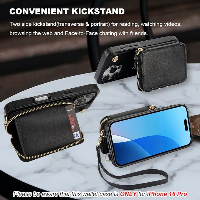 Bocasal for MagSafe Crossbody Wallet Case Compatible with iPhone 16 Pro, RFID Blocking Protective Purse Case with Card Slots Holder Kickstand Wrist Strap Lanyard Zipper 6.3 Inch 5G (Black)