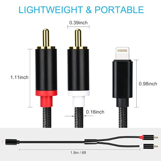 Lightning to RCA Cable Audio Aux Adapter, Stereo Y Splitter Adapter for Select iPhone, iPad and iPod Models for Power Amplifier, Car, Home Theater, Speaker and More Silver 6FT