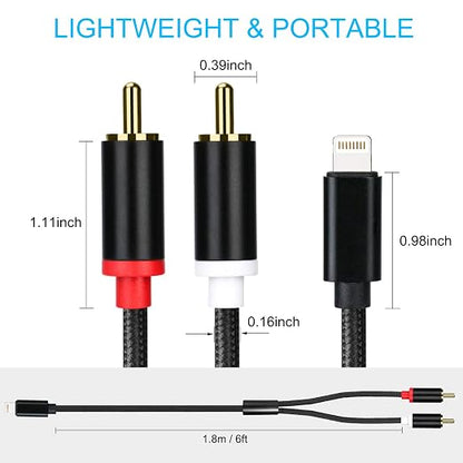 Lightning to RCA Cable Audio Aux Adapter, Stereo Y Splitter Adapter for Select iPhone, iPad and iPod Models for Power Amplifier, Car, Home Theater, Speaker and More Silver 6FT