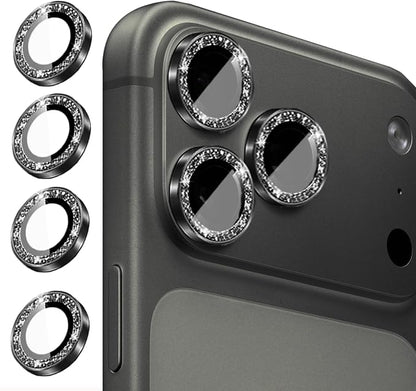 Compatible for iPhone 17/17 Pro/iPhone 17 Pro Max Camera Lens Protector Bling, Cute Sparkle Glitter Camera Cover for Women, Individual Ring, Anti-Scratch (3 Protectors + 1 Extra), Black