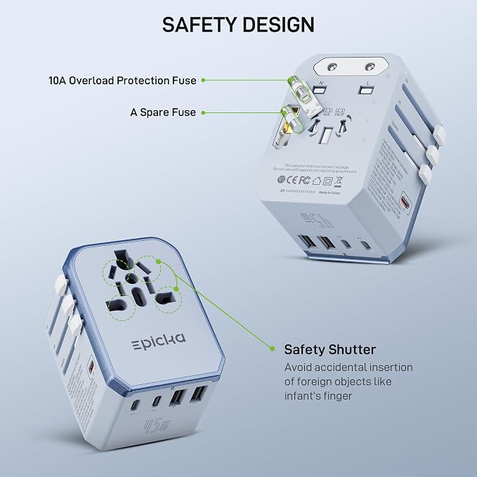 EPICKA Universal Travel Adapter GaN 45W, European Travel Plug Adapter with PD&QC Fast Charging(2 USB-A & 3 USB-C Ports) - Worldwide Travel Essentials, International Power Adapter for UK/US/AU (Blue)