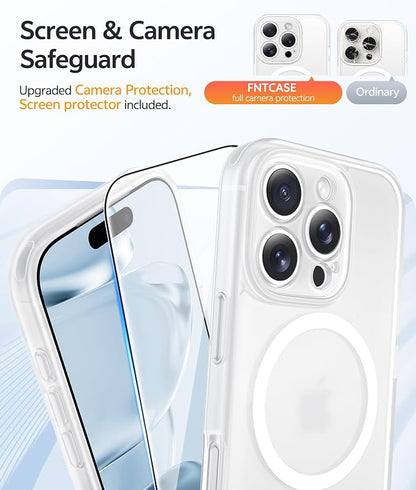 FNTCASE for iPhone 16 Pro Case: [Compatible with Magsafe] Translucent Matte Cases with [Full Camera Protection] [Screen Protector] Military Grade Shockproof Protective Phone Cover - White