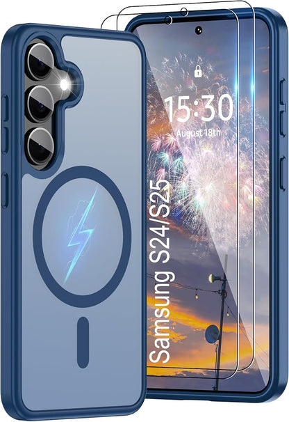 For Samsung Galaxy S24 Case & Galaxy S25 Case [Compatible with Magsafe] Translucent Matte Magnetic Phone Case,Slim Thin Duty Shockproof Protection with 2pc Screen Protector for S24/S25-Dark blue