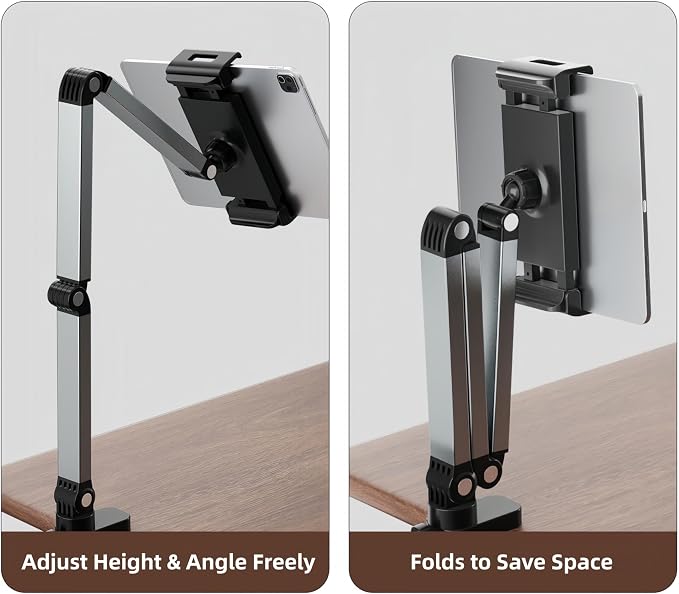 Aluminum Foldable Arm Tablet Stand, 360° Rotatable Phone Holder iPad Stand, Adjustable Tablet Mount for 4.7"-13" iPad, iPhone, Galaxy Tab, Compatible with Desk Bedside Kitchen, Silver