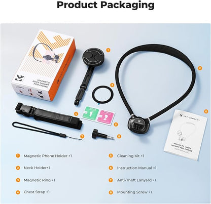 K&F CONCEPT Neck Phone Holder, 2-in-1 Magnetic & Clip-on Phone Neck Holder, POV Phone Holder, Hand Free Chest Stand Compatible with iPhone 17-12 Seires Android Phones