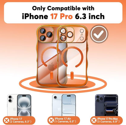 Misscase Designed for iPhone 17 Pro Case 6.3",with Privacy Screen Protector*1,Cute Wave Frame Case with Camera Lens Protector,Compatible with MagSafe Plating Bling for Women Orange