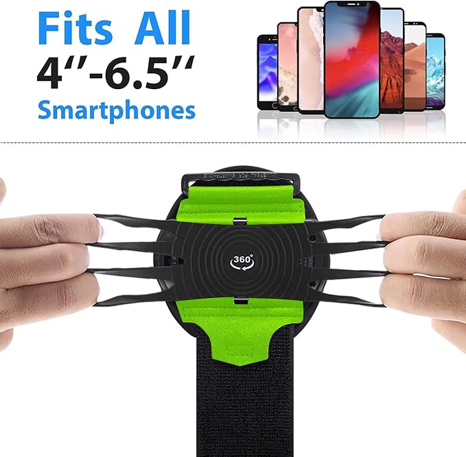 Wristband Running Phone Holder for 4~6.5‘’ Phone, 360°Rotation & Detachable Sports Phone Armband Running for iPhone 17/16/15/14/13/12/Pro/Pro Max/XS/XR/X/8/7/6/Plus, Green