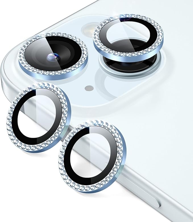 ESR 2 Pack Camera Lens Protector for iPhone 15/15 Plus/14/14 Plus, Ultra-tough HD Individual Lens Protectors, Scratch Resistant, Ultra-thin Tempered Glass, Armorite Series, Rhinestone Blue