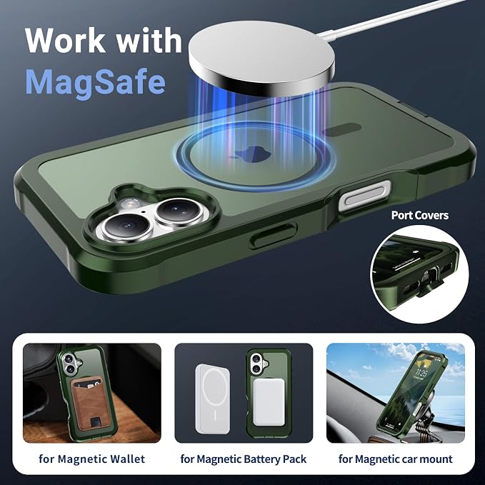 jaroco Magnetic for iPhone 16 Case, [Compatible with MagSafe][Military Grade Drop Protection][Heavy Duty Protection][Non-Slip][Shockproof] 2-Layer Durable Bumper Phone Case 6.1''-Army Green
