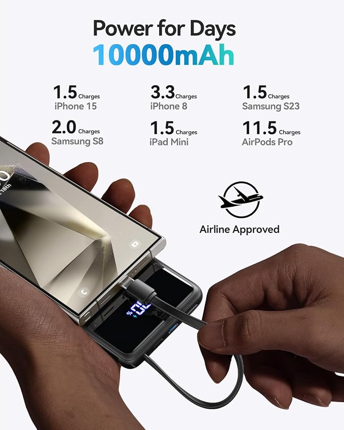 INIU 10000mAh Power Bank, Small 45W PD Fast Charging Portable Charger with Built-in USB C Cable, Flight-Safe Travel External Phone Battery Pack for iPhone 17 Pro Max Samsung S26 iPad etc, White