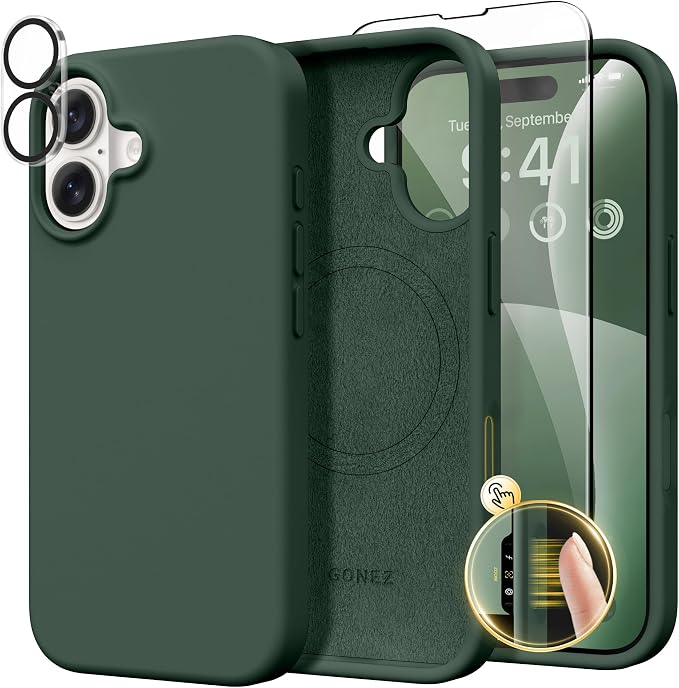 GONEZ Magnetic for iPhone 16 Case, Compatible with MagSafe, [Screen Protector + Camera Lens Protector], Liquid Silicone Shockproof Protective Phone Case for iPhone 16 6.1", Dark Green