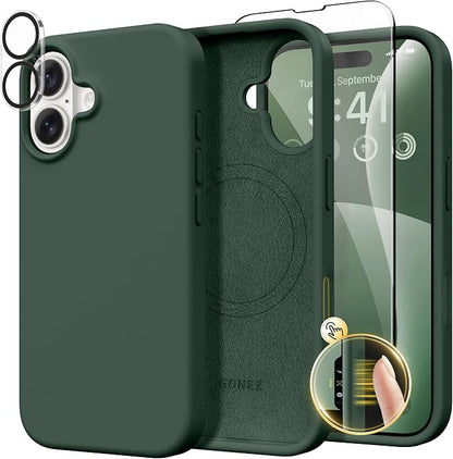 GONEZ Magnetic for iPhone 16 Case, Compatible with MagSafe, [Screen Protector + Camera Lens Protector], Liquid Silicone Shockproof Protective Phone Case for iPhone 16 6.1", Dark Green