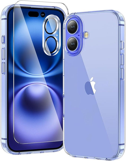 3 in 1 for iPhone 16 Plus Case Transparent | Screen Protector *1 & Camera Lens Protector*1, Yellowing-Resistant Acrylic Back