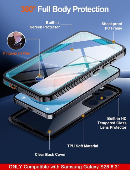 MOZOTER Designed for Samsung Galaxy S26 Case Waterproof, Military Shockproof Full Body Cover with Built-in Screen & Lens Protector, IP68 Underwater Protection for S26 6.3" Blue