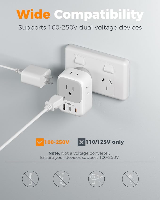 Australia Plug Adapter 2 Pack, TESSAN PD 20W New Zealand Power Adapter with 4 Outlets 3 USB Ports (2 USB-C), Type I Travel Adaptor for US to Australian Argentina China Fiji Samoa Tonga Kiribati