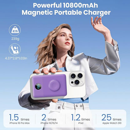 6 in 1 Magnetic Portable Charger for iPhone with Built-in Cables, 10800mAh 25W PD Fast Charging Power Bank, 6 Outputs Travel Essential Battery Pack for iPhone 17/16/15/14/13/12,Apple Watch (Purple)