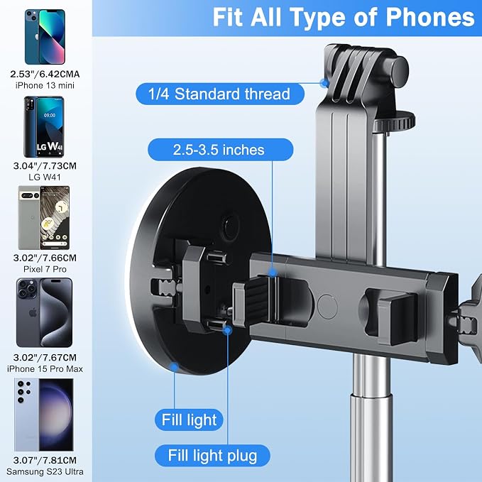 Selfie Stick Tripod with Fill Light, Phone Selfie Stick,Durable Stainless Steel Design,Bluetooth Remote Control,and Stable Three-Legged Support for Live Broadcasts,Video Shooting (Black)