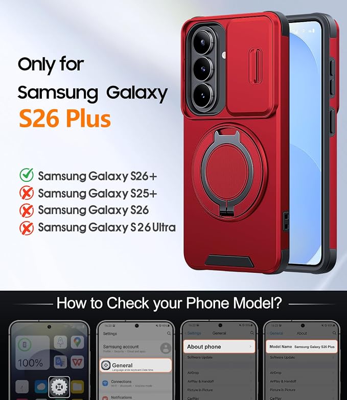 JAME for Samsung Galaxy S26+ Plus Case, Ring Holder Stand Kickstand, Slide Camera Cover with Screen Protector, Dual-Layer Shockproof Protective, Magnetic Accessory Friendly S26 Plus Phone Case, Red