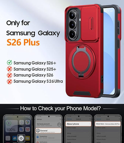 JAME for Samsung Galaxy S26+ Plus Case, Ring Holder Stand Kickstand, Slide Camera Cover with Screen Protector, Dual-Layer Shockproof Protective, Magnetic Accessory Friendly S26 Plus Phone Case, Red