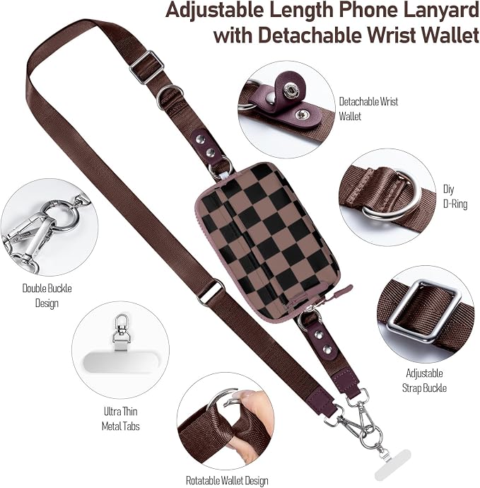 Clip and Go Strap for Phone with Wallet Crossbody Phone Lanyard and Detachable Checkered Bag with ID Window and RFID Pouch for Daily Travel.