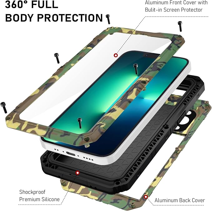 Beasyjoy Waterproof Case for iPhone 13 Pro, Full Body Protective Cover with Built-in Screen Protector, Heavy Duty Metal Rugged Shockproof Dustproof Defender Phone Case 6.1 Inch, Camo