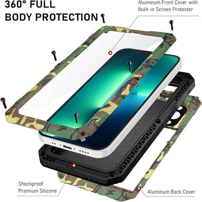 Beasyjoy Waterproof Case for iPhone 13 Pro, Full Body Protective Cover with Built-in Screen Protector, Heavy Duty Metal Rugged Shockproof Dustproof Defender Phone Case 6.1 Inch, Camo