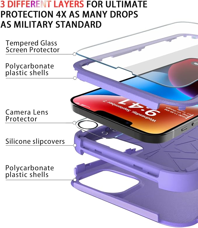 Diverbox for iPhone 14 Case [Shockproof] [Dropproof] [Tempered Glass Screen + Camera Lens Protector],Heavy Duty Protection Phone Case Cover for Apple iPhone 14 (Purple)