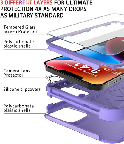 Diverbox for iPhone 14 Case [Shockproof] [Dropproof] [Tempered Glass Screen + Camera Lens Protector],Heavy Duty Protection Phone Case Cover for Apple iPhone 14 (Purple)