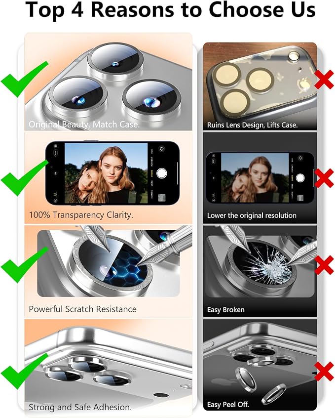 EZ-GLAZ-Camera Lens Protector for iPhone 17/16/15/14 Pro & Pro Max Series, with Aerospace-Grade Aluminum Alloy Ring, 1:1 Invisible Fit & Ultra-Clear, Military-Grade 9H+ Glass, Silver