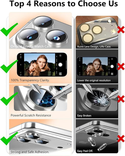 EZ-GLAZ-Camera Lens Protector for iPhone 17/16/15/14 Pro & Pro Max Series, with Aerospace-Grade Aluminum Alloy Ring, 1:1 Invisible Fit & Ultra-Clear, Military-Grade 9H+ Glass, Silver