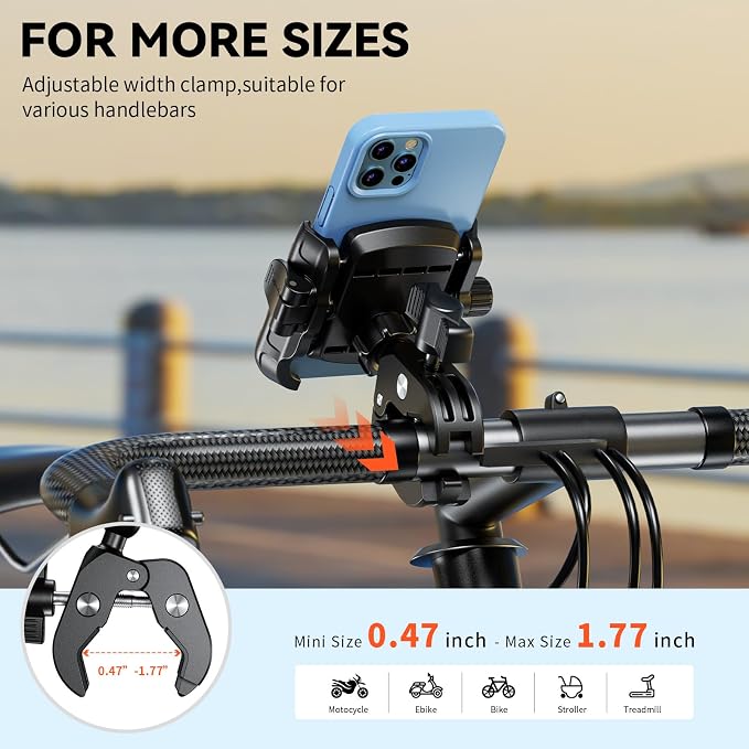 Kewig Motorcycle Phone Mount Holder- [Camera Friendly] [1s Lock & Release] Bike Phone Mount Handlebar Cell Phone Holder for Bicycle Scooter ATV, Fit for 5.4-7.2" Smartphones