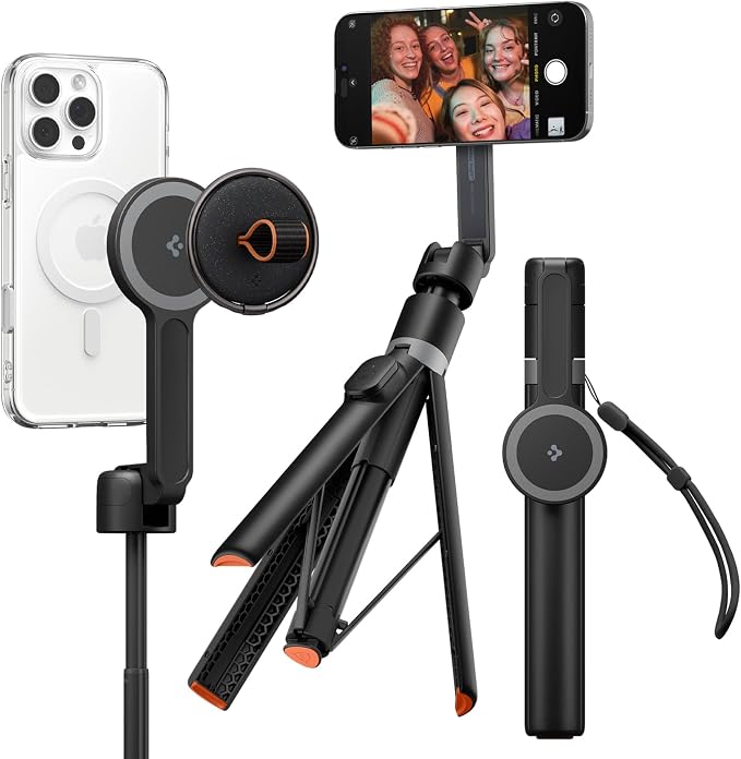 Spigen Selfie Stick Automatic Tripod Stand with Bluetooth Remote Control Shutter 57" Extendable Compatible with MagSafe iPhone 17/16/15/14/13/12 Pixelsnap Pixel 10 Series & More - Black (S581W)