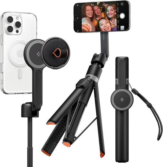 Spigen Selfie Stick Automatic Tripod Stand with Bluetooth Remote Control Shutter 57" Extendable Compatible with MagSafe iPhone 17/16/15/14/13/12 Pixelsnap Pixel 10 Series & More - Black (S581W)