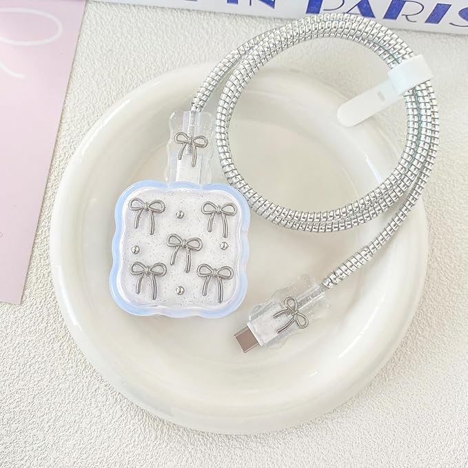 Protective Set: Compatible with Apple 40W Dynamic Power Adapter, Cute Crystal Wave Soft TPU Charger Case + Exquisite Laser Charging Cable Protector for iPhone 17 Charger (Silver Bowknot, 5in1)