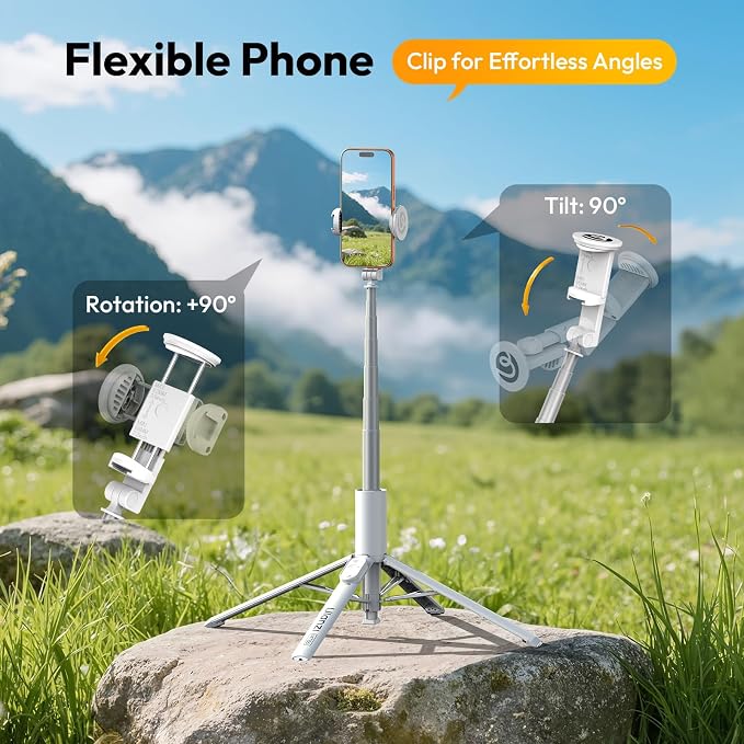 ULANZI MT86 60" Automatic Phone Tripod Stand with Wireless Remote, Adjustable Auto‑Open Selfie Stick for iPhone Android, Portable Extendable Travel Tripod for Selfie/Vlogging, White