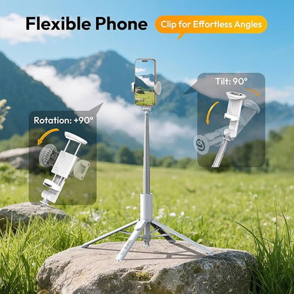 ULANZI MT86 60" Automatic Phone Tripod Stand with Wireless Remote, Adjustable Auto‑Open Selfie Stick for iPhone Android, Portable Extendable Travel Tripod for Selfie/Vlogging, White