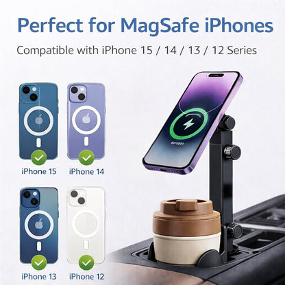 Adjustable Magnetic Cup Holder Phone Mount – MagSafe Compatible, Expandable Base, Long Arm Telescopic Car Holder, Includes Metal Ring for iPhone & Android