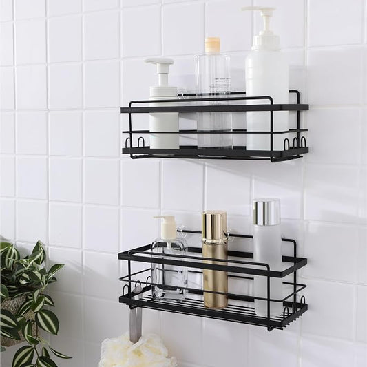 KINCMAX Iron Shower Caddies - Self Adhesive Bathroom Shelves for Showers - Wall Organizer Shampoo Holder Shelf - Peel and Stick On Caddy Bath Tub Rack - Pack of 2 Holders - Black