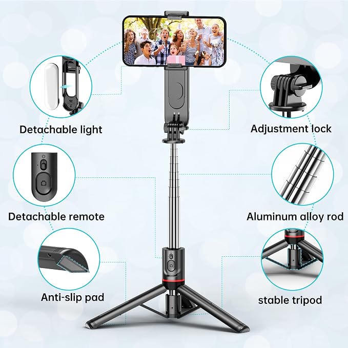Stable Selfie Stick Tripod with Fill Light, 44 Inch Extendable Selfie Stick with Wireless Remote and Tripod Stand 360 Rotation for iPhone 15/14/13/12/11 Pro/XS Max/XS/XR/X/8/7, Samsung and Smartphone